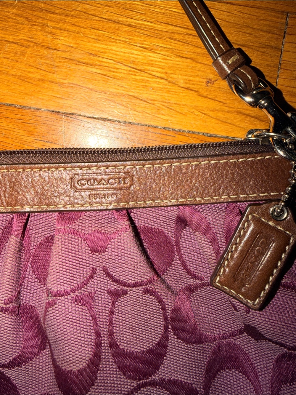 Coach Plum Signature Wristlet with Brown Leather Trim